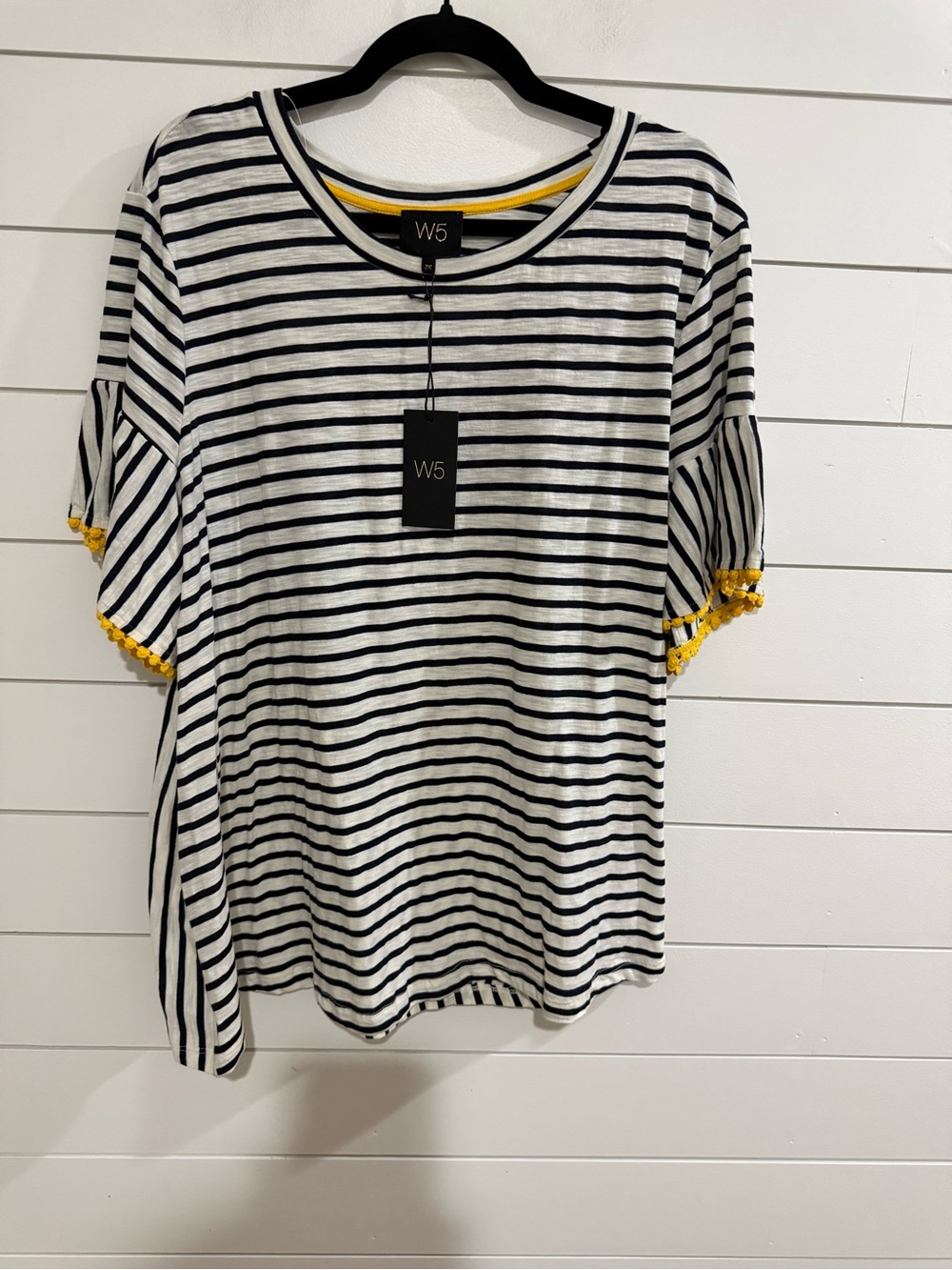 W5 Black & White Striped Short-Sleeve Tee with Yellow Trim